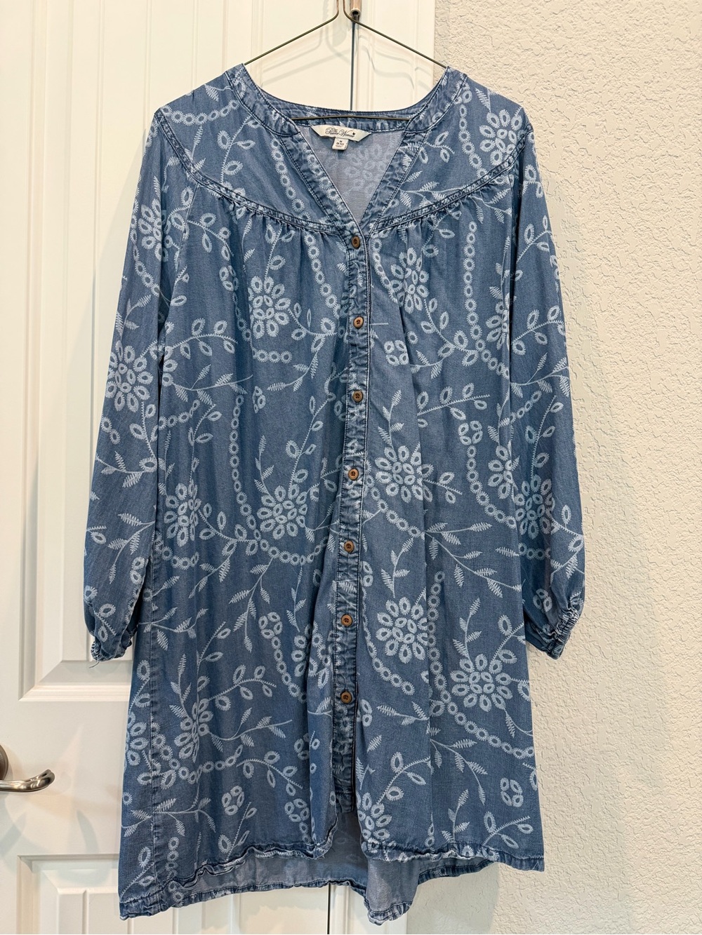 Pioneer Women Chambray Button-Front Tunic Dress with White Floral Print